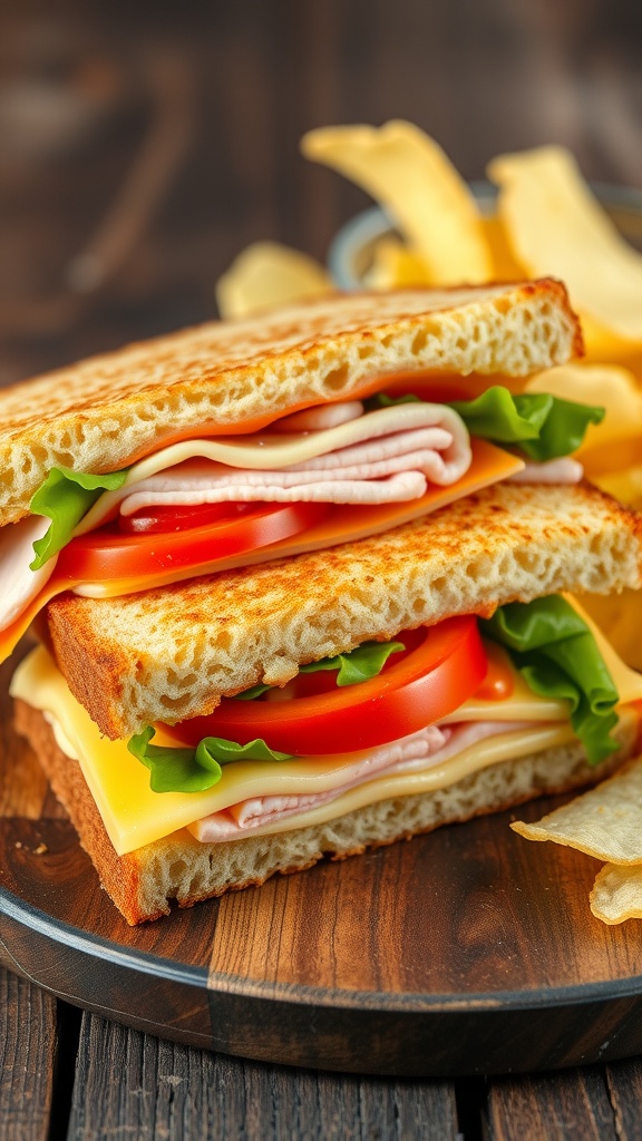 A simple 4-ingredient sandwich with deli meat, cheese, lettuce, and tomato on a wooden table with chips.